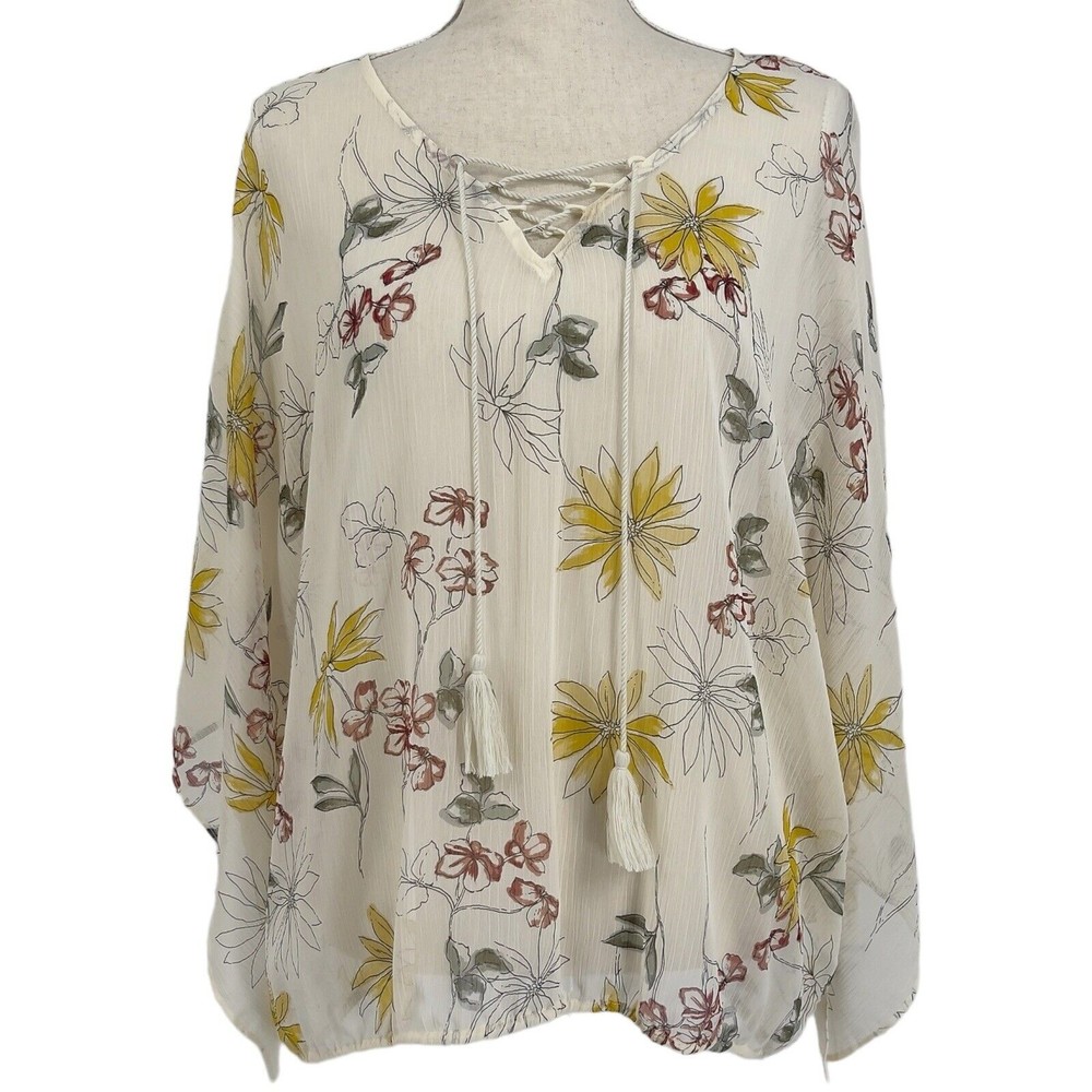 Maurices Womens Plus Size 0 Kimono Top 14W Sheer Floral Print Lace Up V Neck